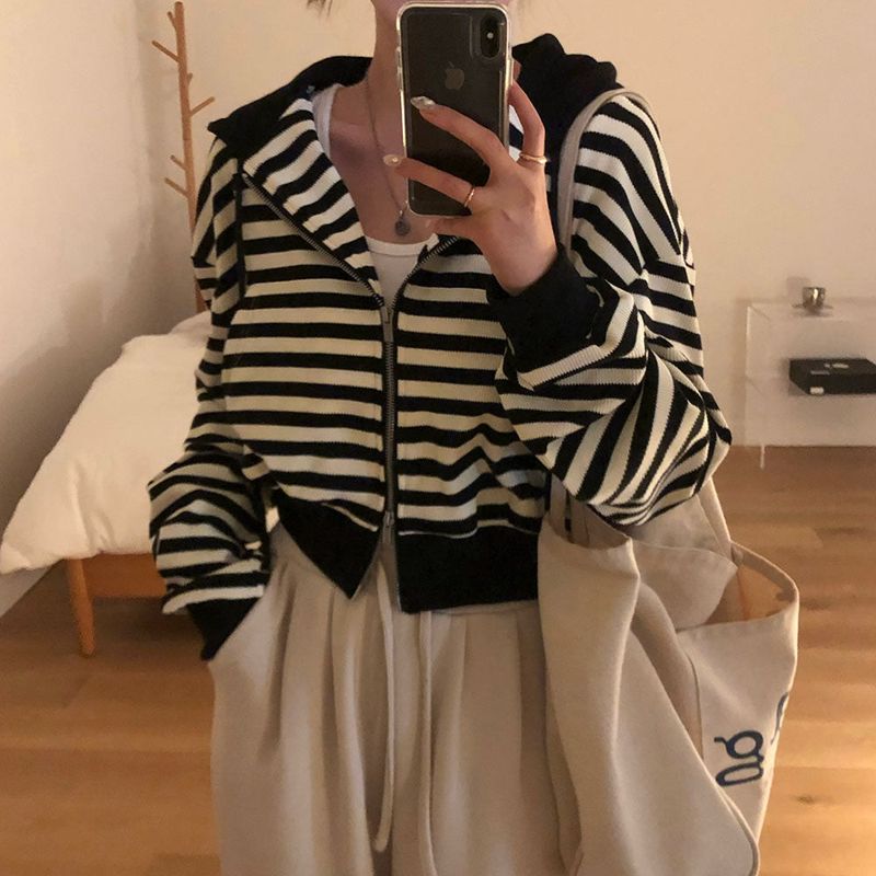 [BELLIDE MADE] Waffle stripe zip-up hoodie