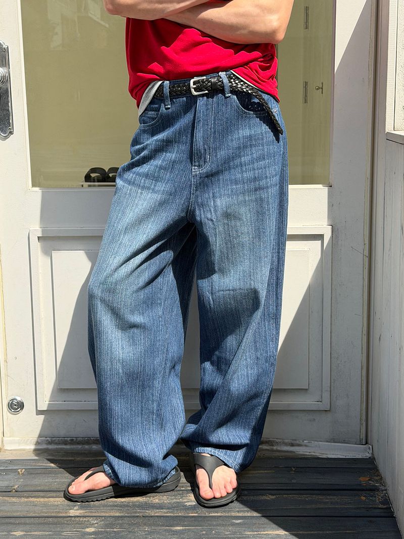 Washed stripe wide denim pants(3color)