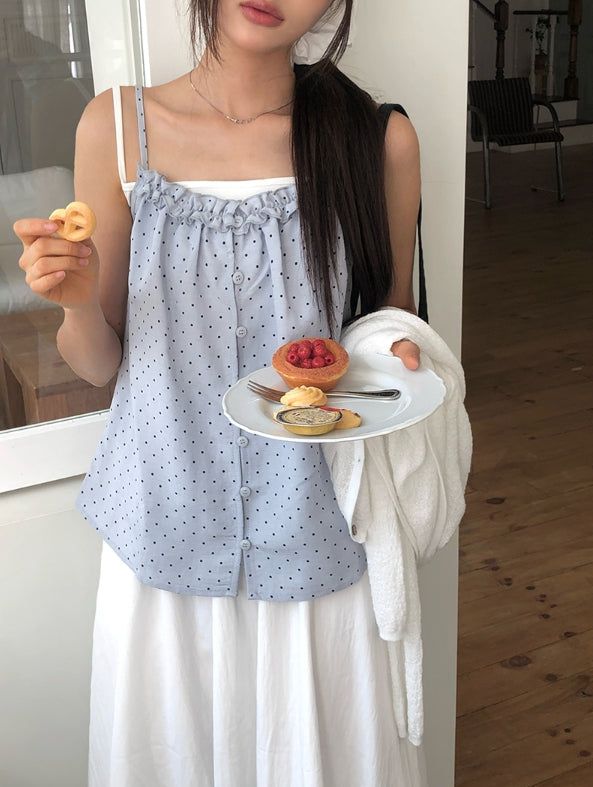 Dough Dot Frill Button Sleeveless