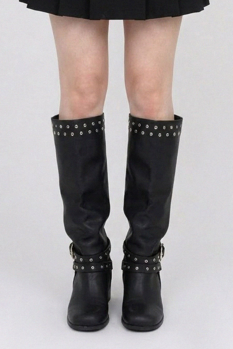 HARNESS STUDDED BUCKLE MID-CALF BOOTS (2COLORS!)