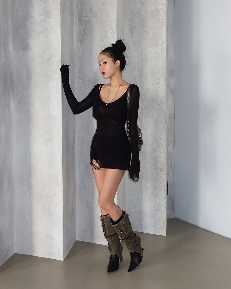 damage net see-through long knitwear