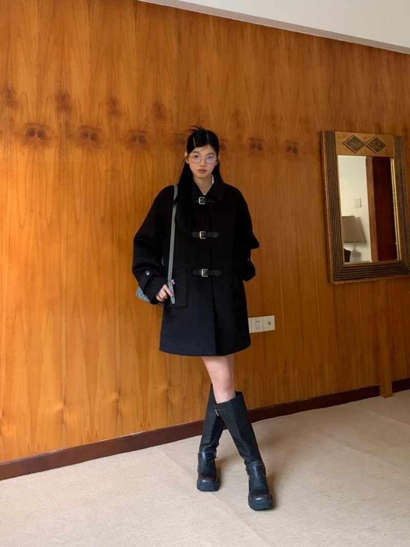 wool black collar buckle half coat