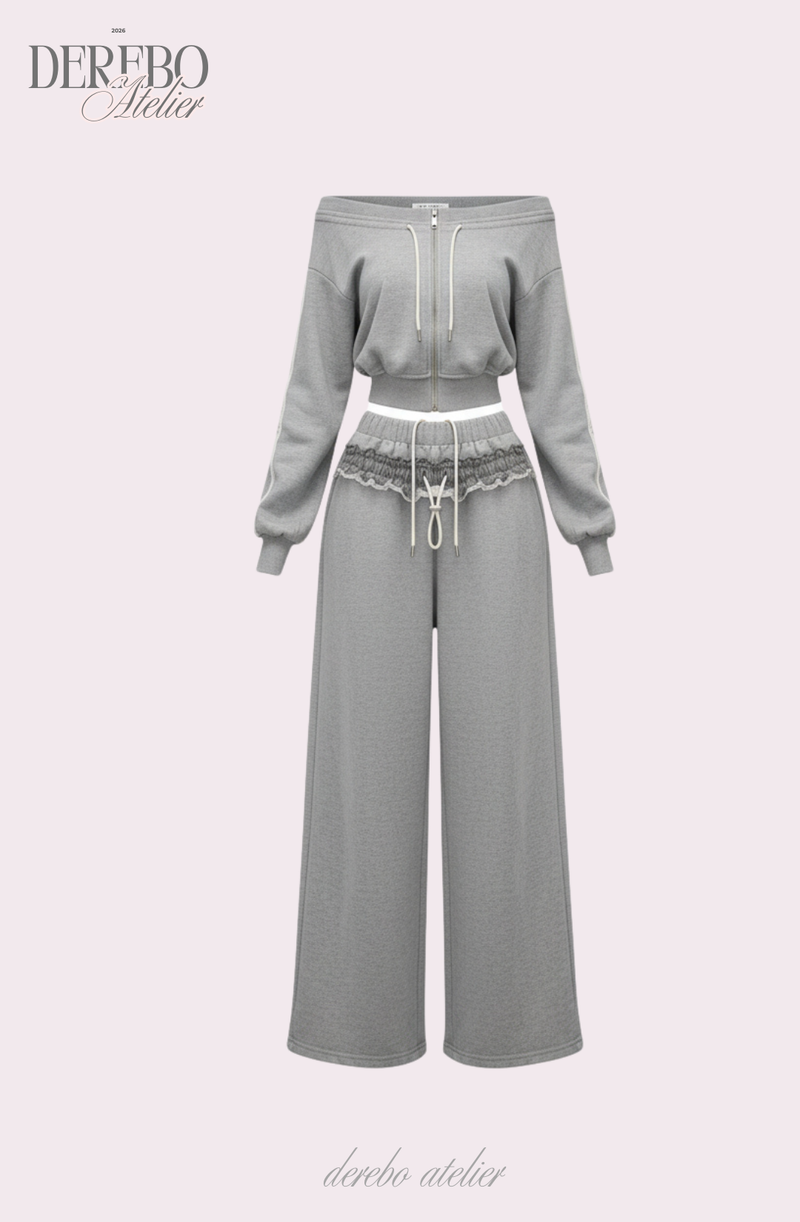Grey off-shoulder zip-up frill training setup (SET)