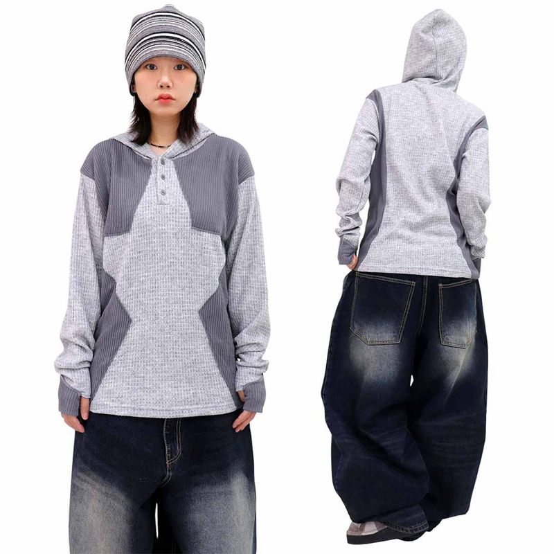 Colorblock Waffle Button Warmer Hoodie