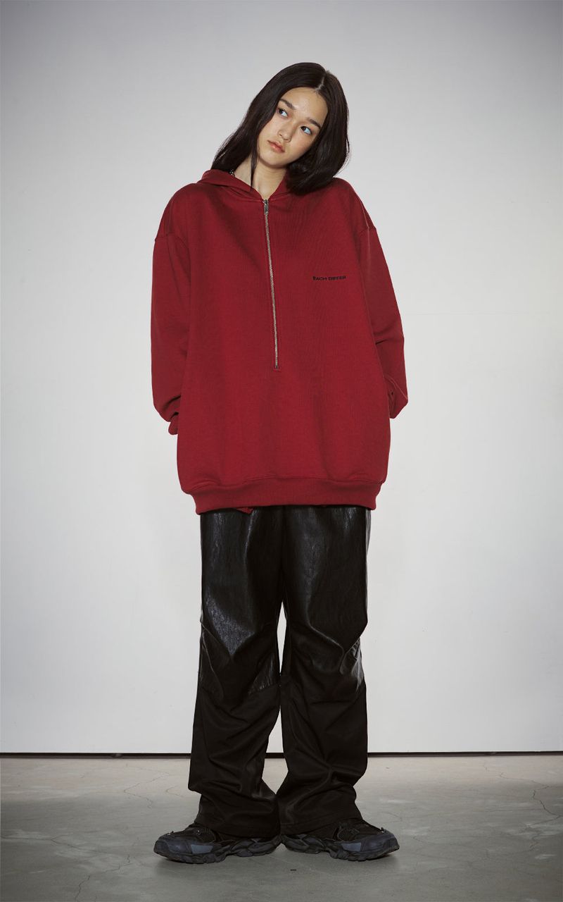 HAIF-ZIP HOODIE (LONG)_DARK RED