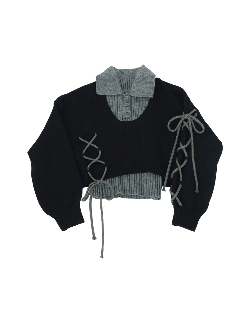 laceup ribbon knitset(black)