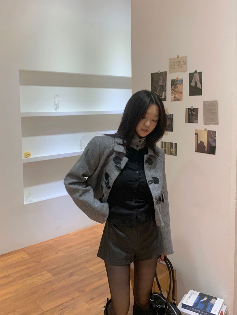 British Gray Duffel Button Quilted Crop Coat
