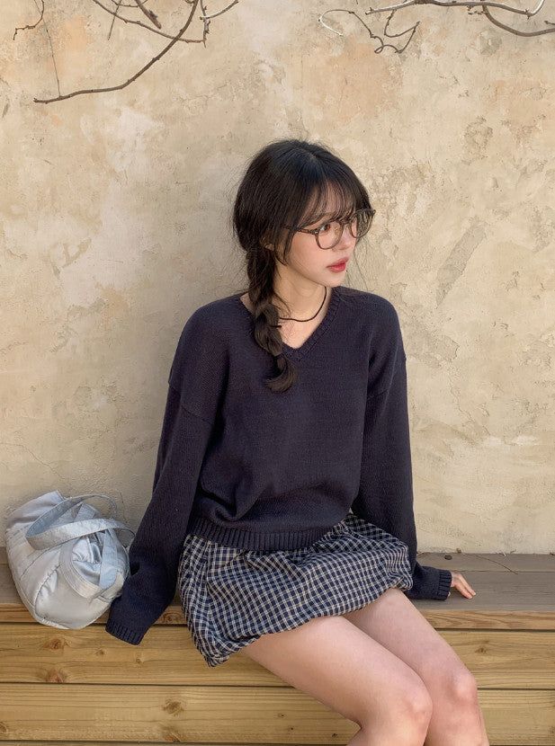 Again Basic Cotton Loose Fit V-neck Knit (5color)