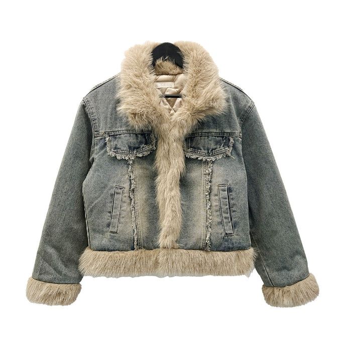 Fur trimmed quilted denim jacket