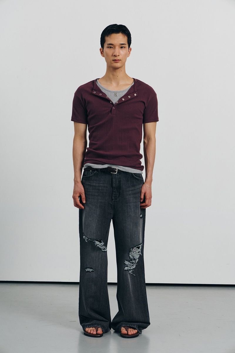 Washed damage wide flare denim pants(Black)