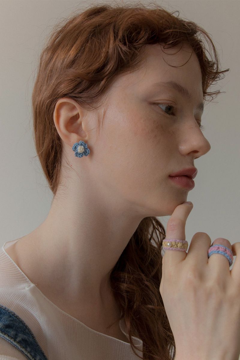 Vintage knit flower earring (Denim)