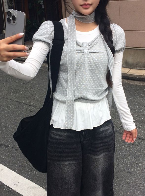 [3-piece Scarf set] ビューレン ドット レイヤード ボタン シャーリング ロングスリーブ Tシャツ