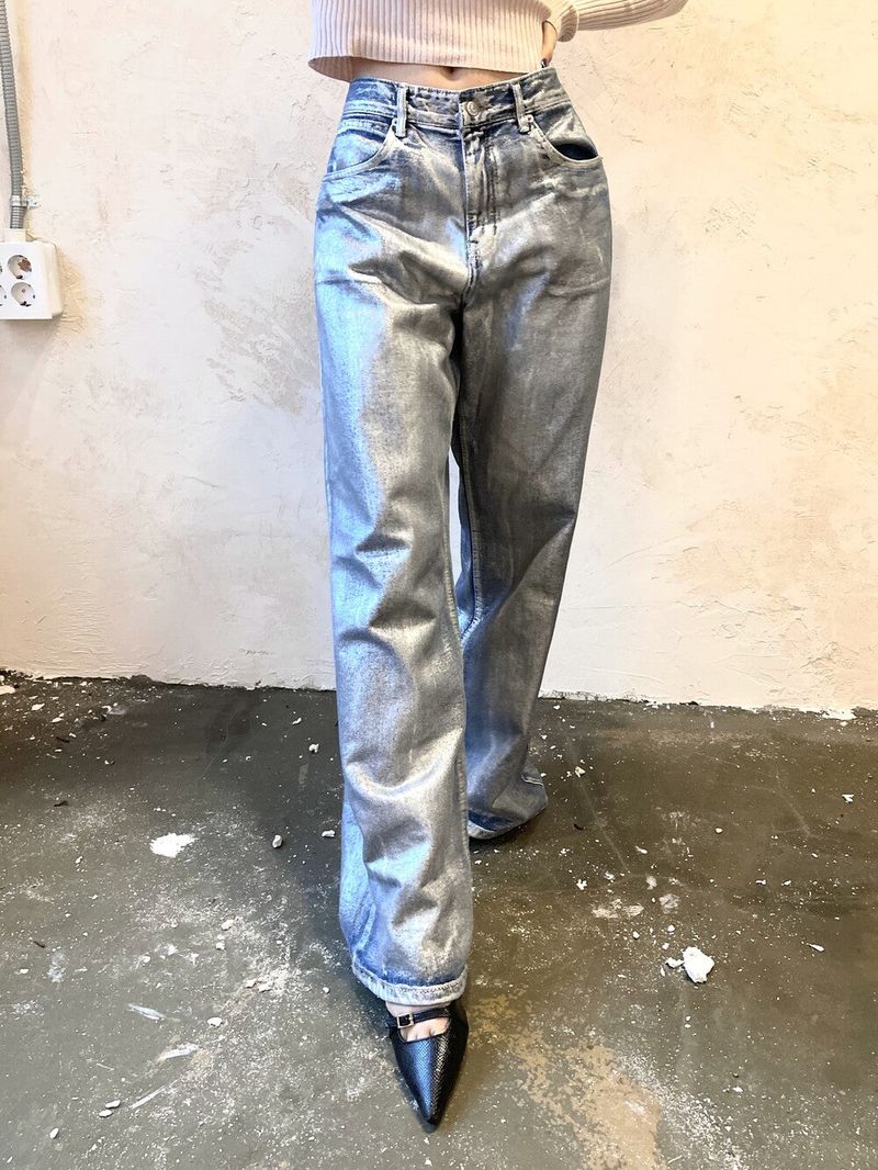 Silver coating denim low wide pt (2color)