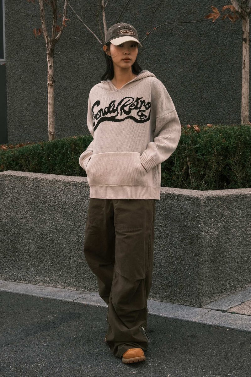 RE: WAVE LOGO KNIT HOODIE - IVORY