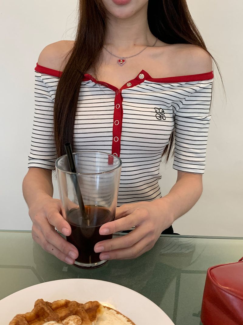 Red Line Stripe Off-Shoulder Top