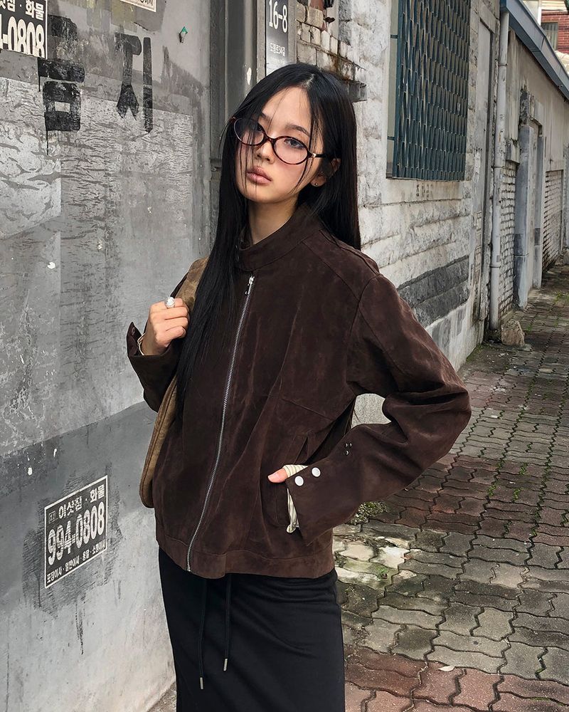 Apit Suede High-Neck Stud Seam Long Sleeve Jacket