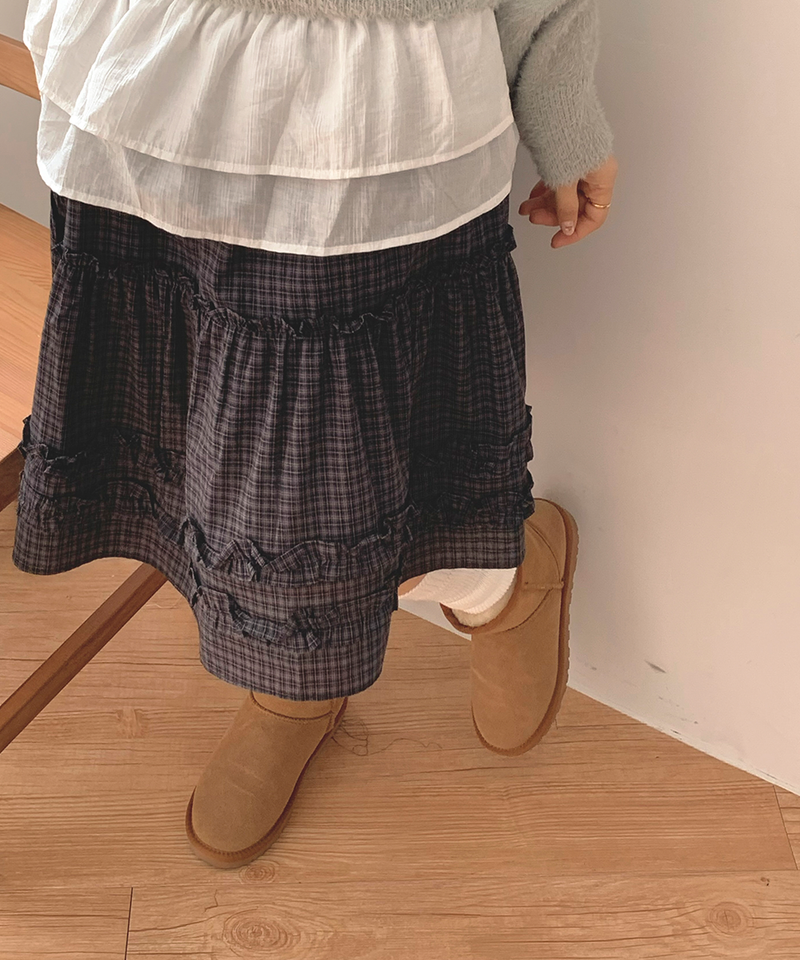 Luen midi checkered skirt Fall layered frill soft fit