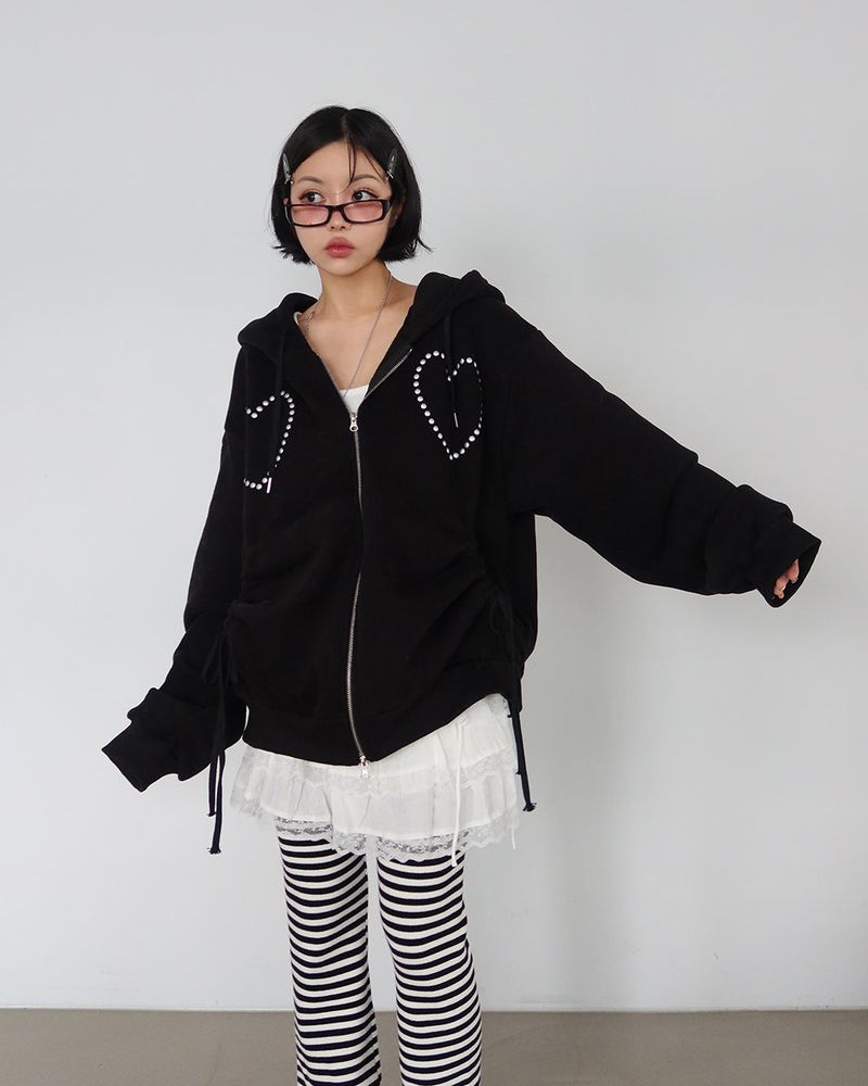 Wool napping heart wrinkle shirring hooded zip-up