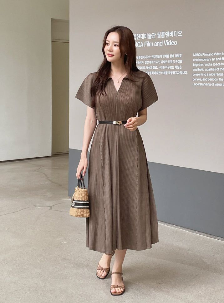Karon Zipper Collar Pleated Maxi One Piece