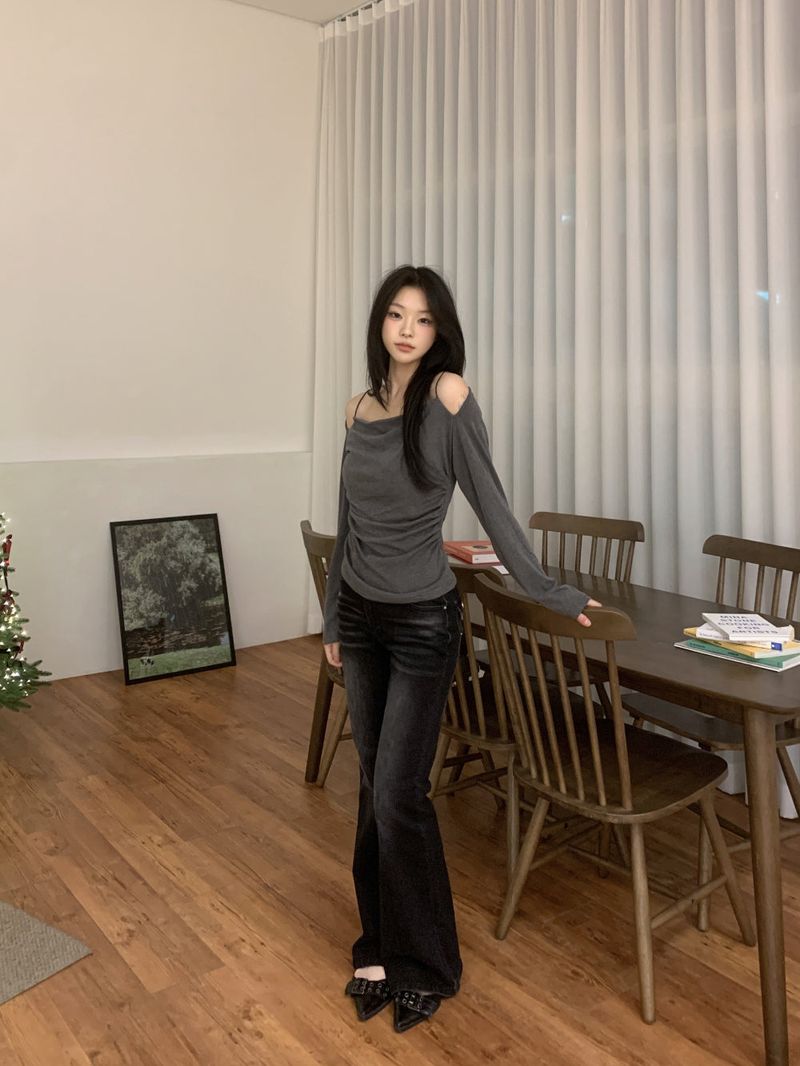 Jenn Muse Off-Shoulder Strap Drape Long Sleeve Top