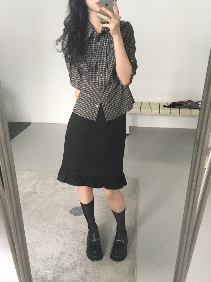 Pintuck Plaid Slim Shirt