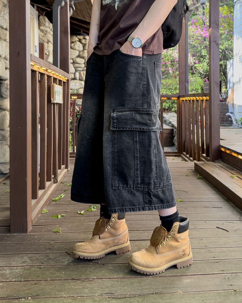 Kazen Washed Cargo Bermuda Denim Pants