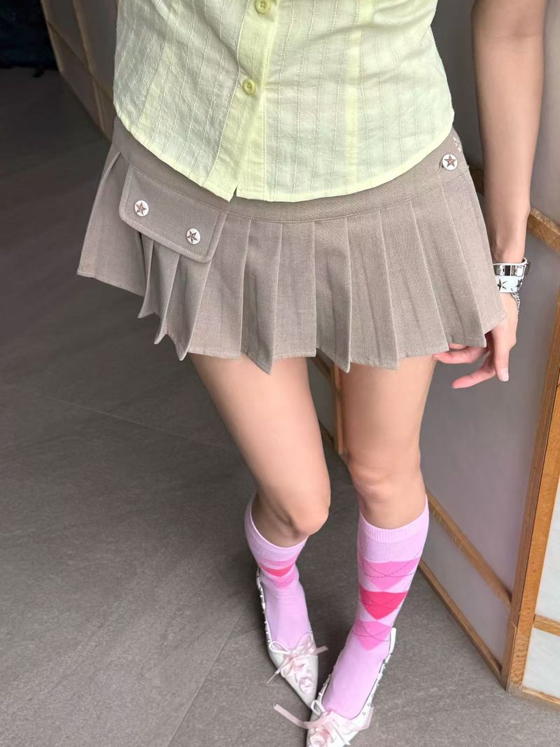 EatmePlz Pocket Low-Waisted ヴィンテージミニマリストワンピースプリーツスカート