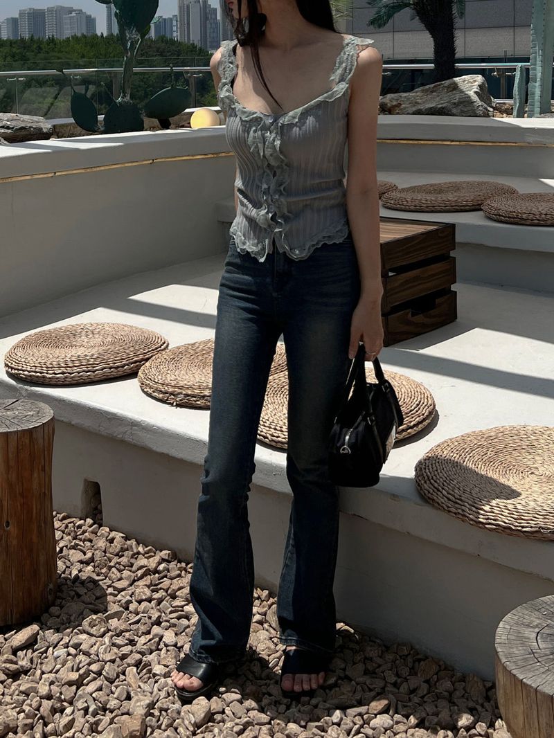 High waist light & deep blue washed bootcut long denim pants (2 colors)