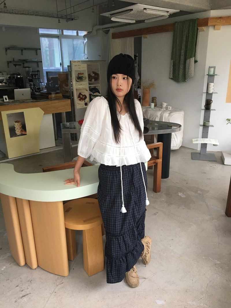 Maroon check long skirt (2color)