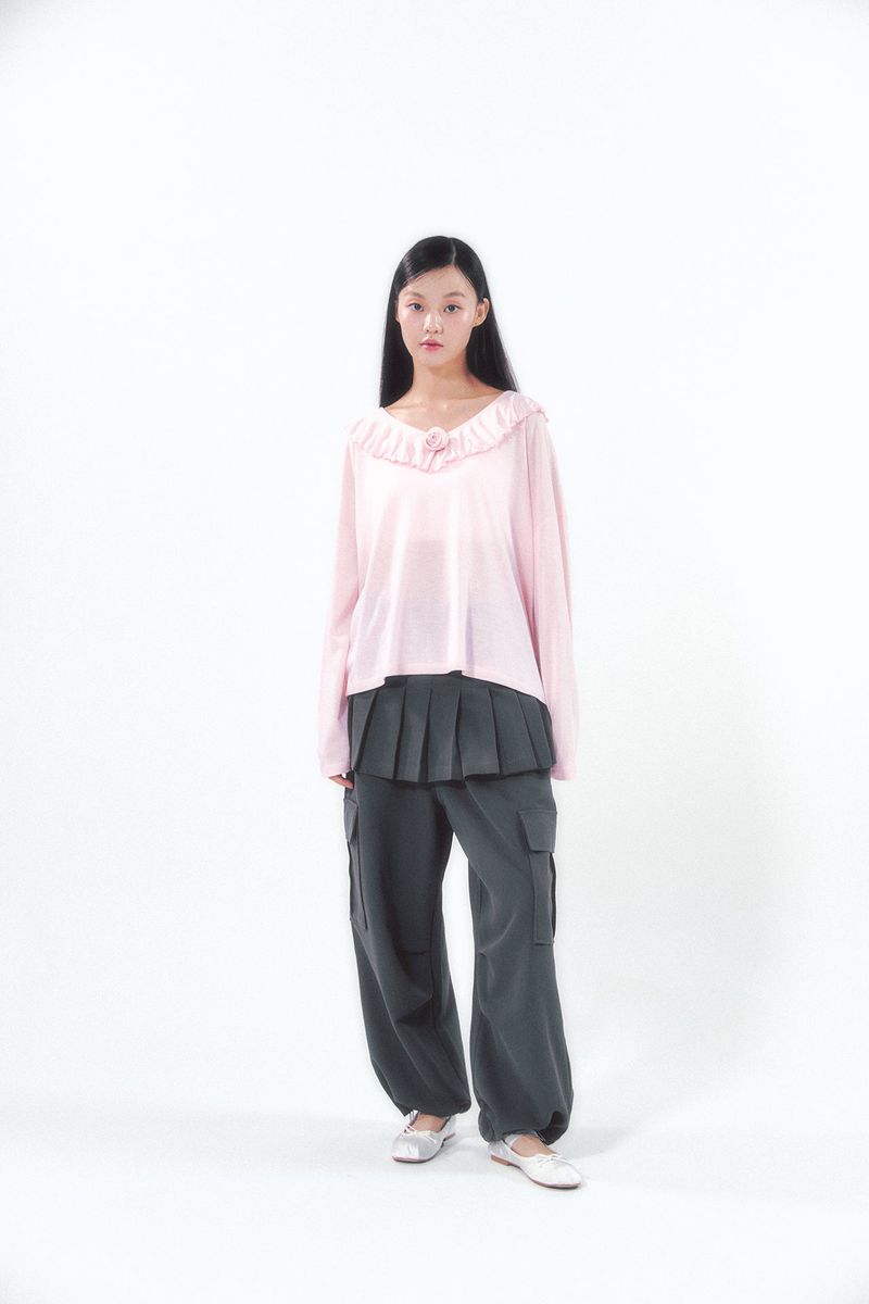 Pleats Skirt Cargo Pants Set Charcoal