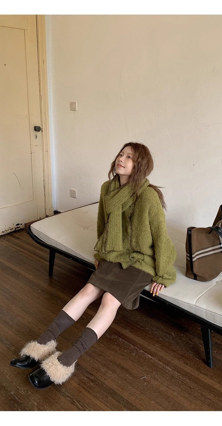 Green tea wool muffler knit cardigan