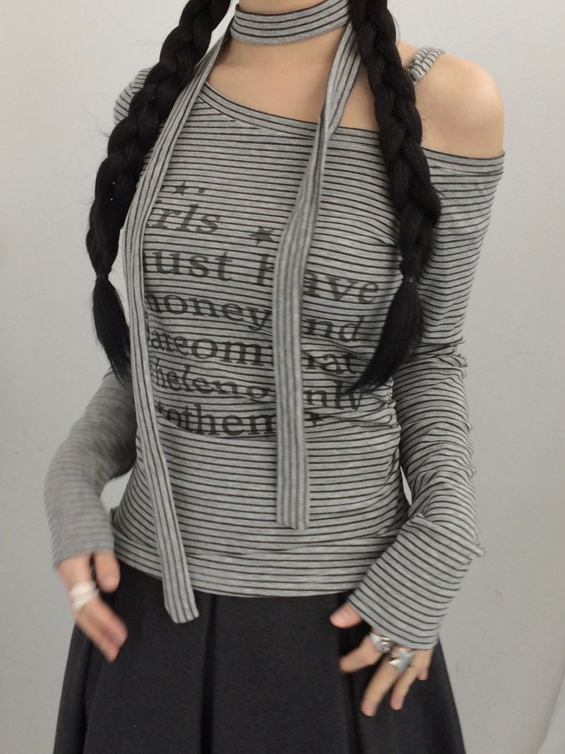 striped tie-neck top
