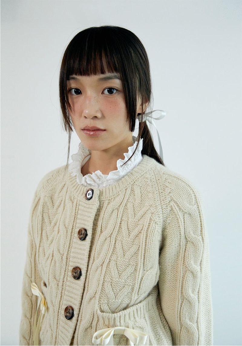 ribbon wool cable cardigan_ivory