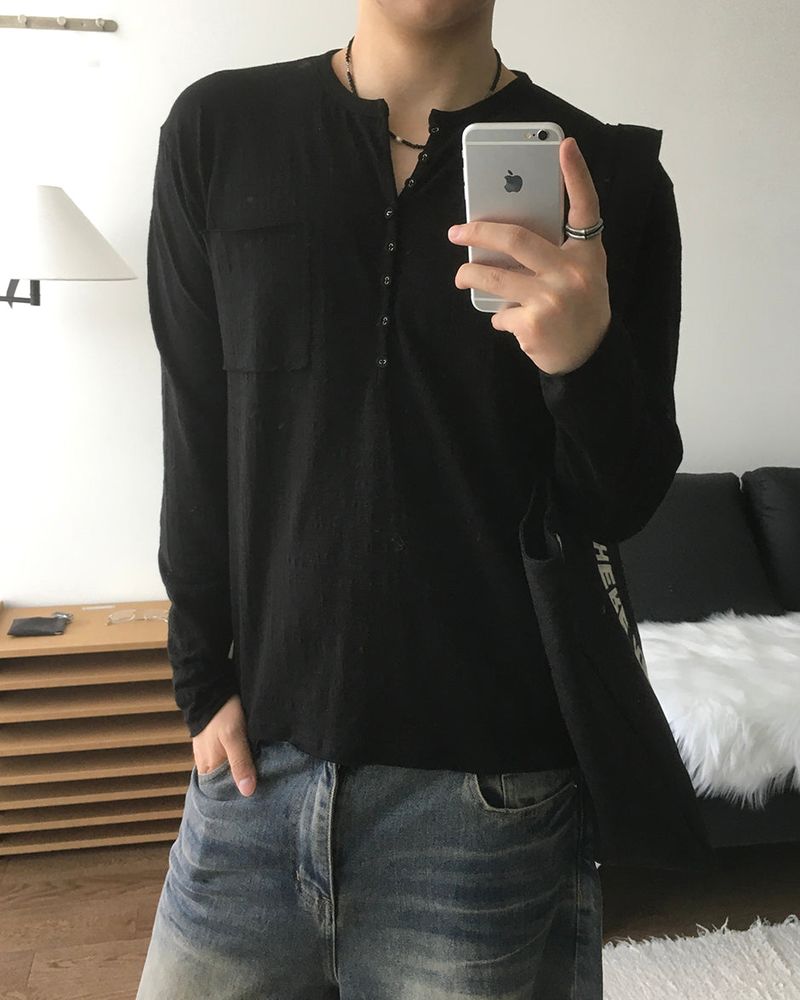 Pochi Slub Henely Neck Long Sleeve T