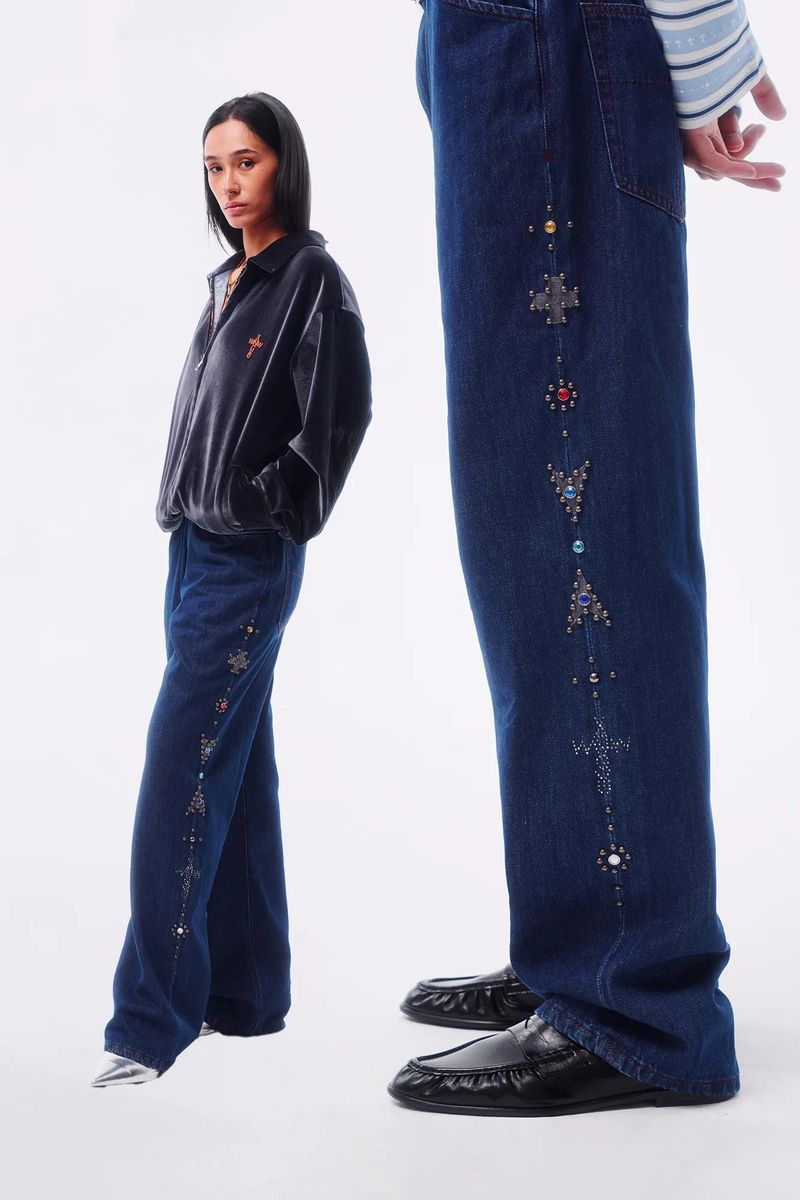 TOTEM RIVET FLOCKED DENIM PATCH STRAIGHT TAILORED JEANS