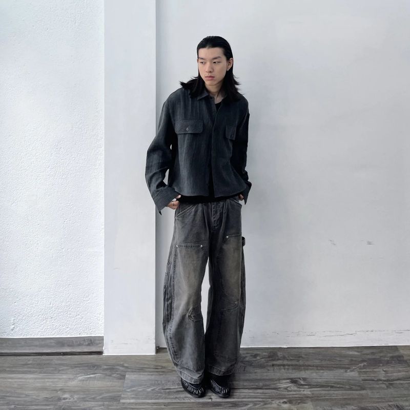 Curved Double-Knee Washed Trousers