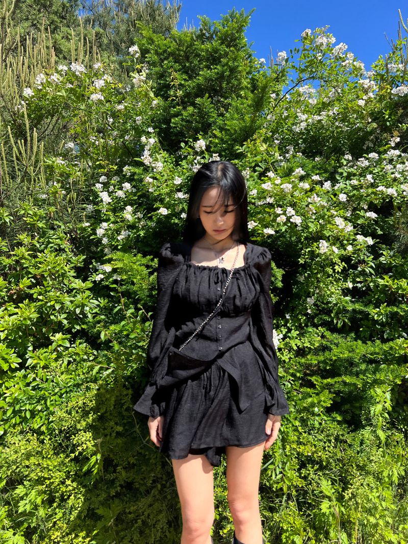 Ribbon puff strap blouse skirt pants setup SET (3 colors)