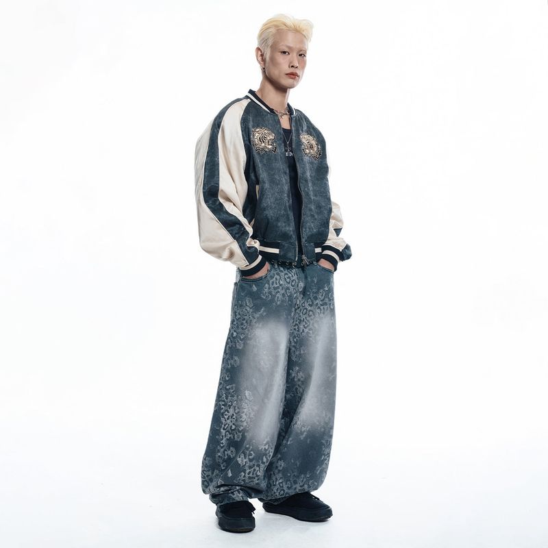 Sun Patch Leopard Balloon Denim Pants - BLACK