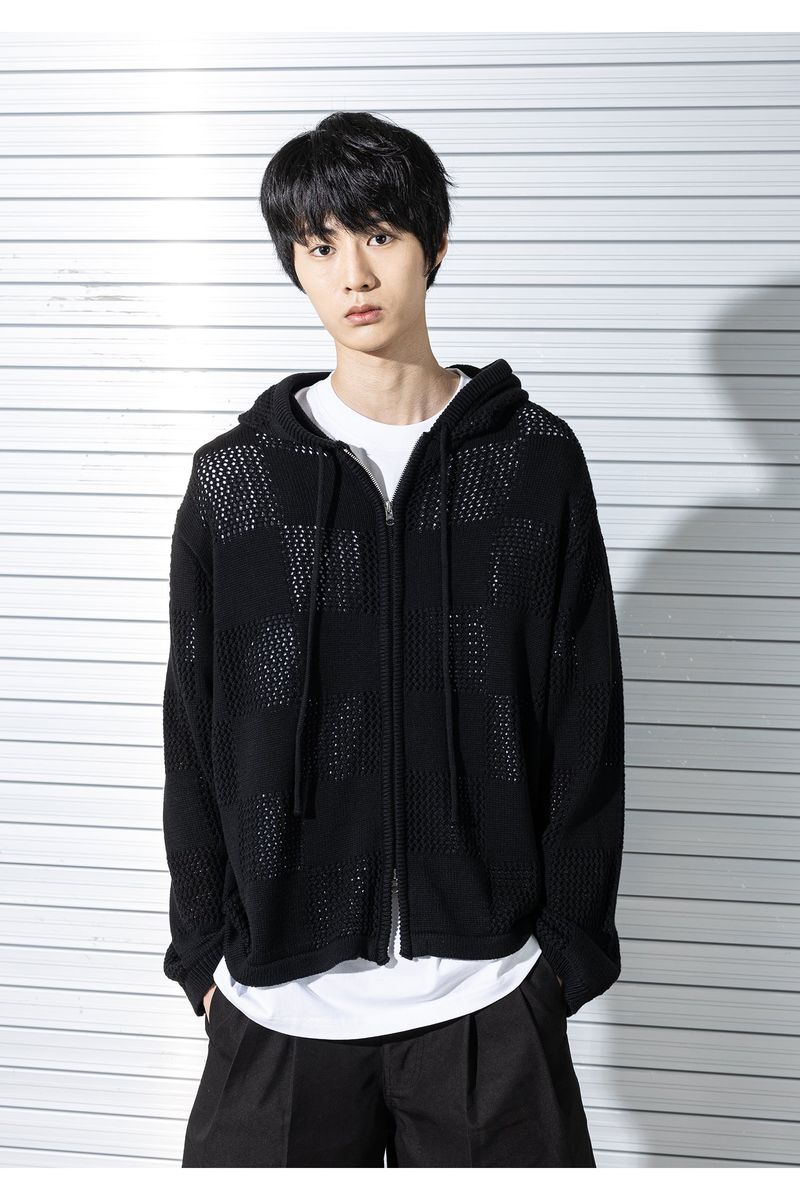 CHECKERBOARD MESHED ZIP-UP KNIT