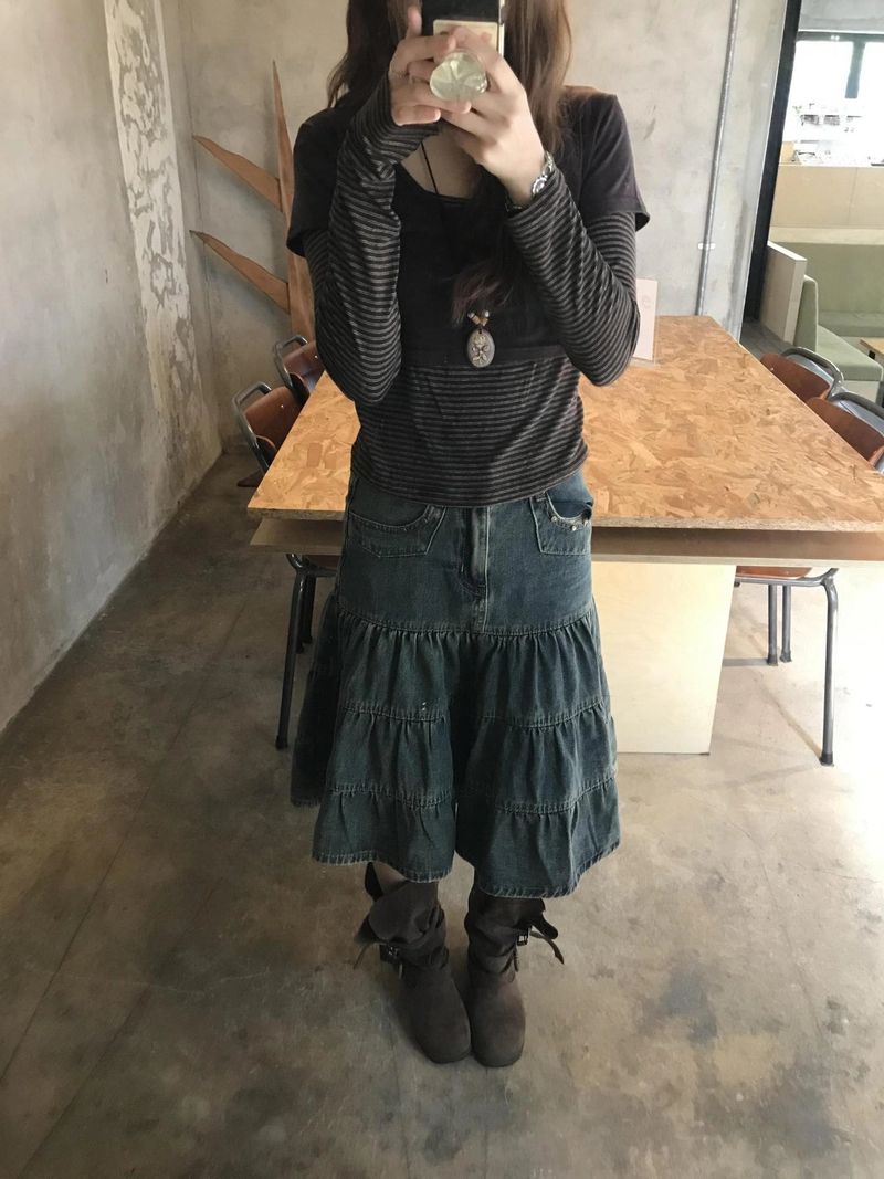 sear denim tiered skirt