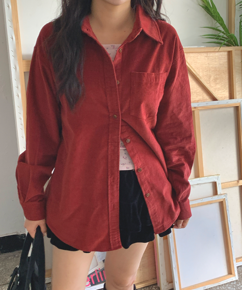 Corduroy Collar Shirt Shirt Blouse Basic Item Cotton