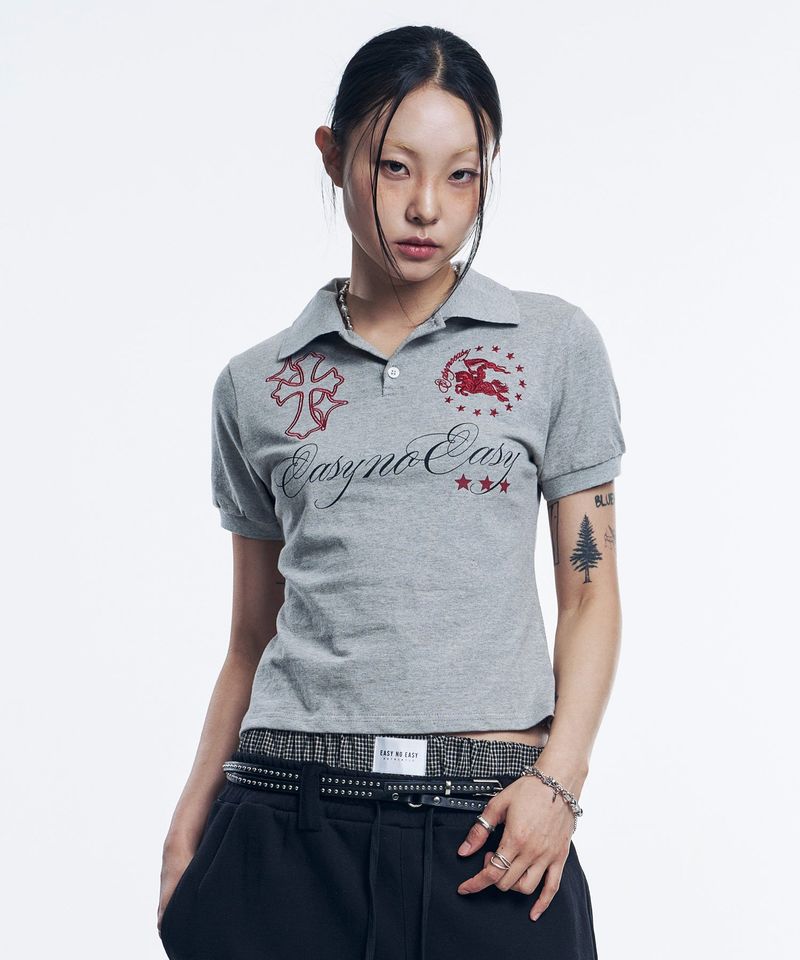 Horse emblem embroidered collar T-shirt - Gray