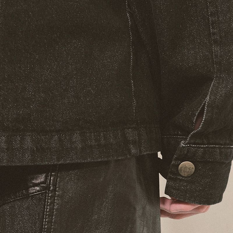 faux leather mix denim shirt_black
