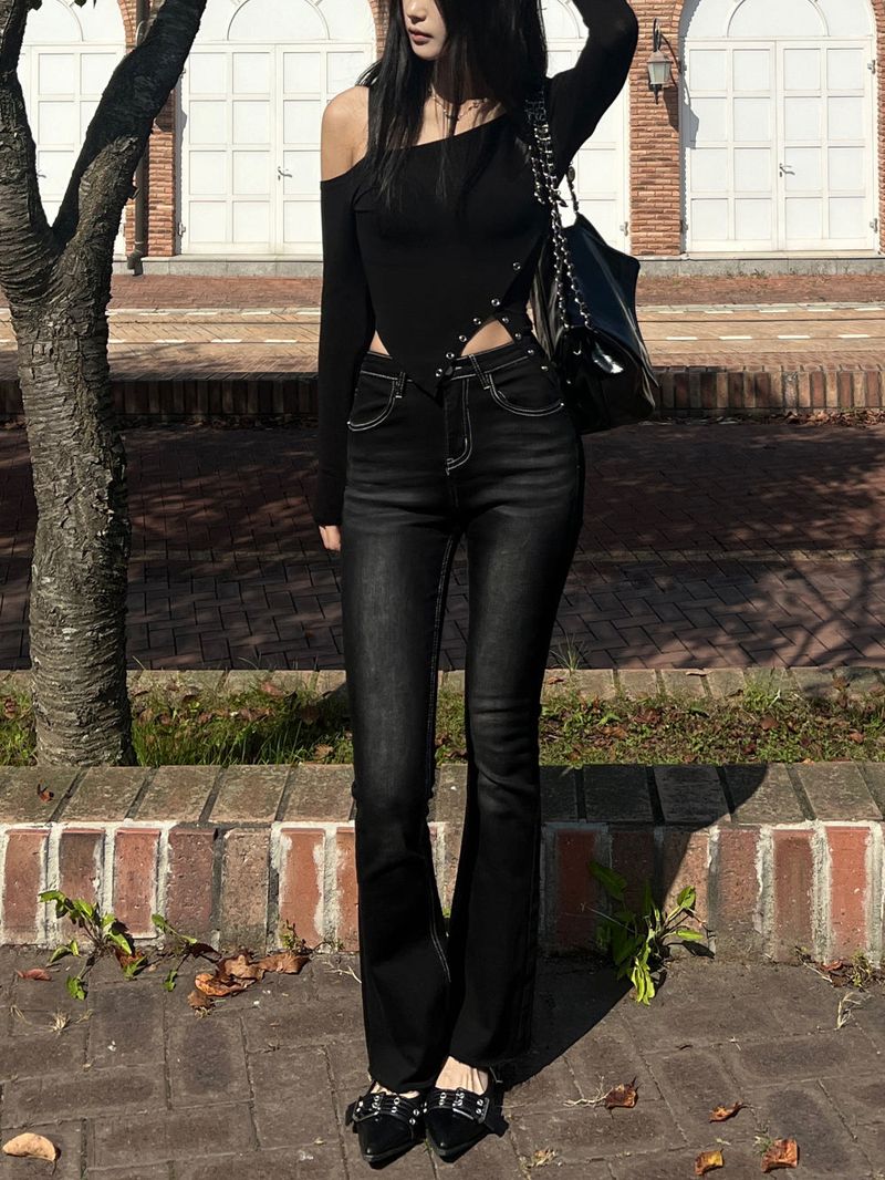 Color combination stitch gradient washed high waist spandex bootcut pants (Black)
