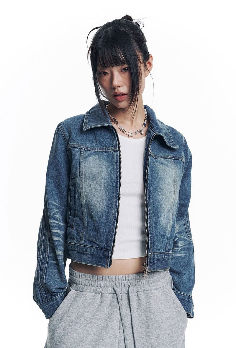 Washed Crop Track Denim Jacket - Deep Blue