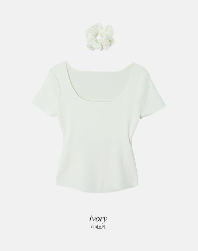 #Back Slit Square Short Sleeve Knit + Scrunchie Set (5color)