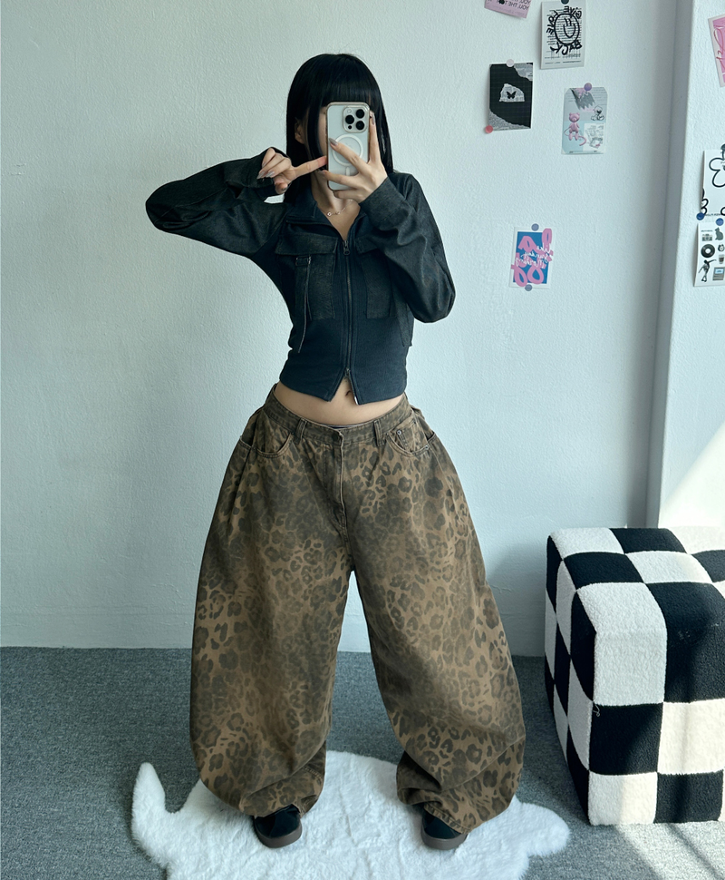 HIDDEN POCKET LEOPARD SPOT BALLOON DENIM🤎💚 - 2 COLORS