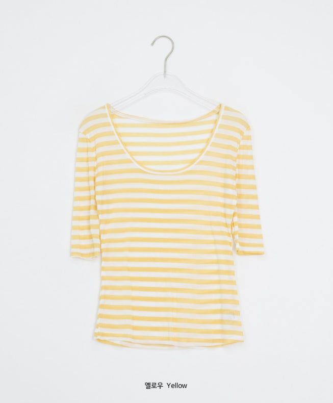 Yoka Stripe U-neck Layered Three Quarter Tee