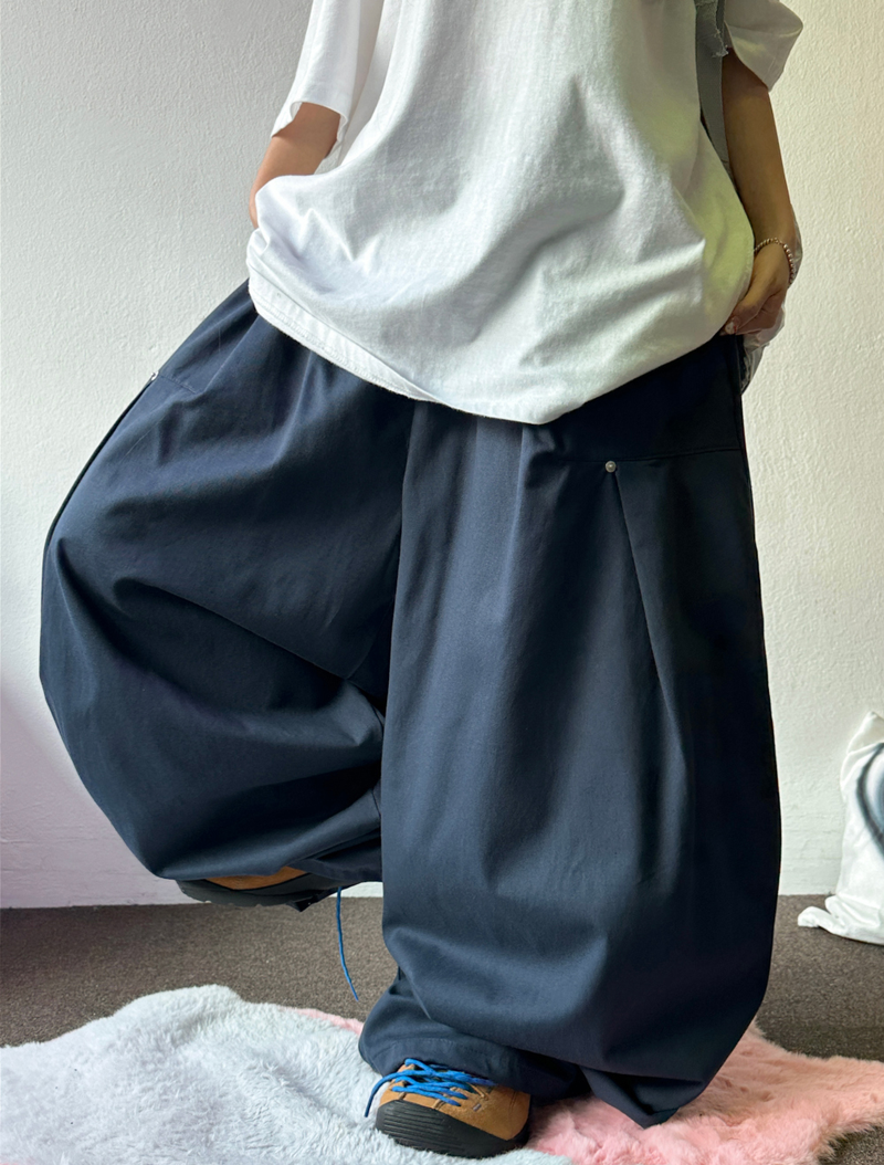 KOREAN/STRING 🩵 STUD RIVET POINT FRONT SLIT OVER HIP BALLOON WIDE LONG PANTS 🩶🖤🩵 - 3 COLORS