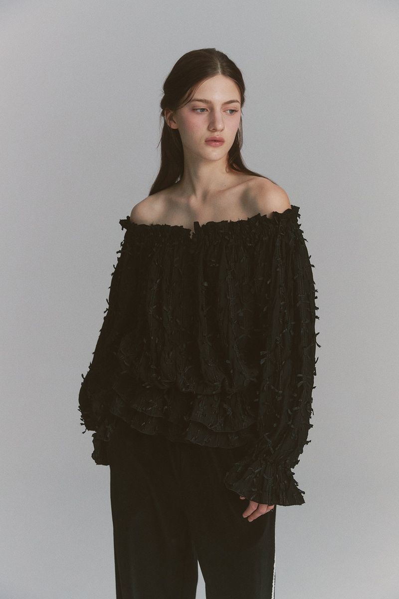 Feather Off Shoulder Blouse Black
